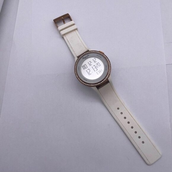 Kenneth Cole Rhinestone Digital Round Watch Unisex White Rubber Band - Picture 2 of 5